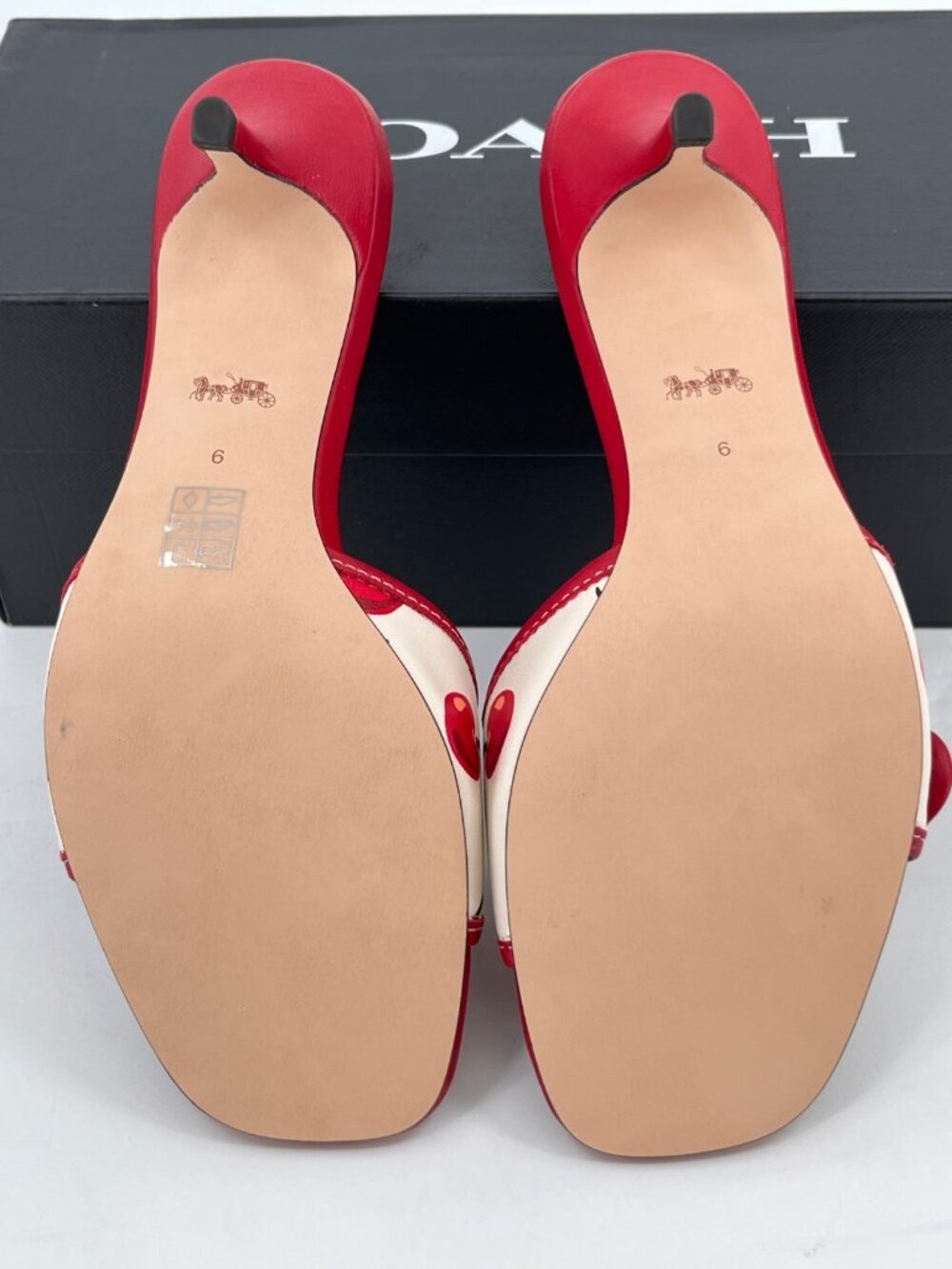 COACH Margot Sandal Red Cherry Print Leather Buckle Strap Kitten Size 6 - Picture 14 of 16